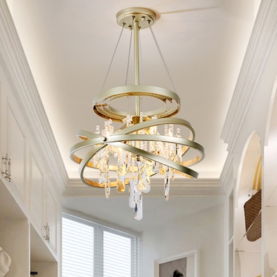 Crystal Cascade Chandelier Modern Stylish 4-Light Dining Room Pendant Light with Gold Interlocking Rings