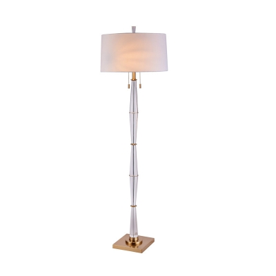 Drum Fabric Floor Light Modernism 2 Lights Bedroom Standing Lamp in White with Crystal Accent and Pull Chain