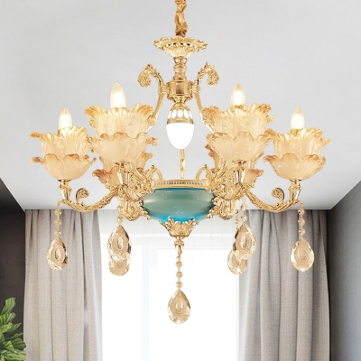 Frosted Glass Gold Pendant Lamp Layered Flower 6/8-Bulb Vintage Chandelier Light with Crystal Accent