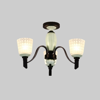 Frosted Grid Glass Cone Chandelier Light Rustic 3/6-Bulb Bedroom Pendant Lighting Fixture in Black with Swirl Arm