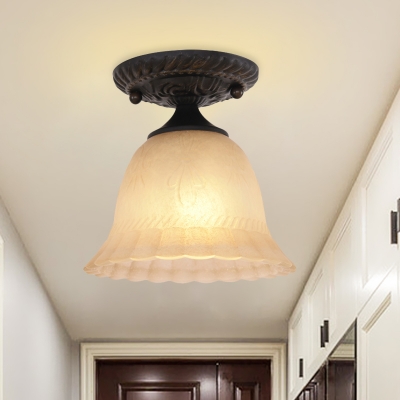 Frosted Patterned Glass Black Flushmount Scalloped Carillon Single Bulb Minimalist Close to Ceiling Light