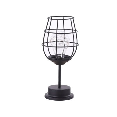 Goblet Caged Small Night Lamp Modern Iron Black USB LED Table Lighting in Warm/Multi-Color Light