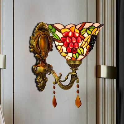 Grapes Pattern Flared Wall Lamp Tiffany Stained Glass 1 Light Brass Wall Sconce Lighting
