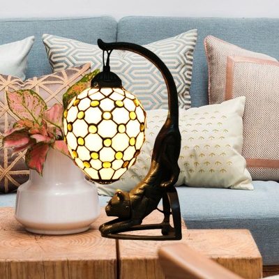 Jewel-Embellished Netting Oval Night Lamp 1 Bulb White Glass Baroque Style Table Light with Cat Base