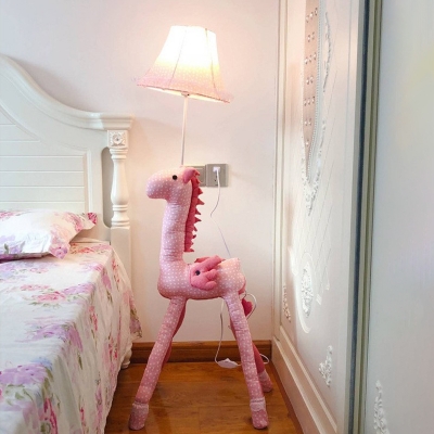Kids 1-Light Standing Lamp Pink Flared Floor Light with Fabric Shade and Horse Base