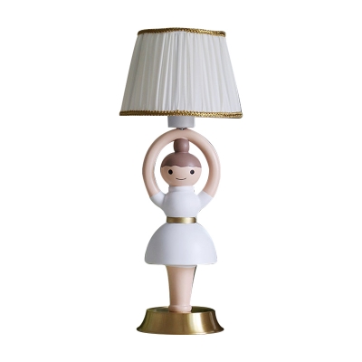 Kids Girl Statue Resin Night Light Single Bulb Table Lamp with Pleated Fabric Shade in White
