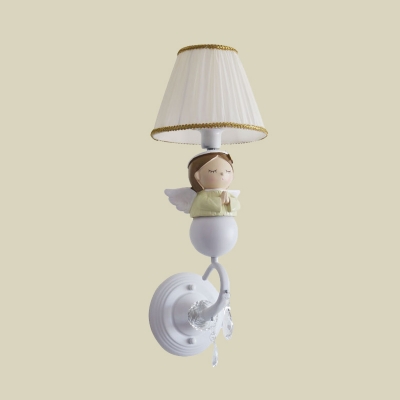 Kids Praying Angel Resin Wall Lighting Single-Bulb Wall Sconce with Pleated Fabric Shade in White
