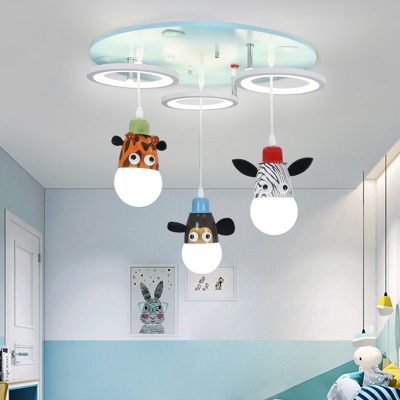 Loop Multi Light Pendant Cartoon Acrylic 3 Lights Blue LED Hanging Lamp Kit with Animals Deco