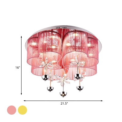 Loving Heart Bedroom Flush Lamp Fixture Sheer Fabric LED Modernist Flush Mount Light in Pink/Gold with Floral Crystal Accent