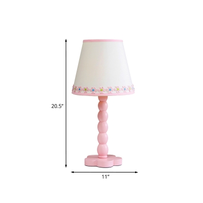 Macaron 1 Head Table Light White and Pink Cone Nightstand Lamp with Fabric Shade and Floweret Edge
