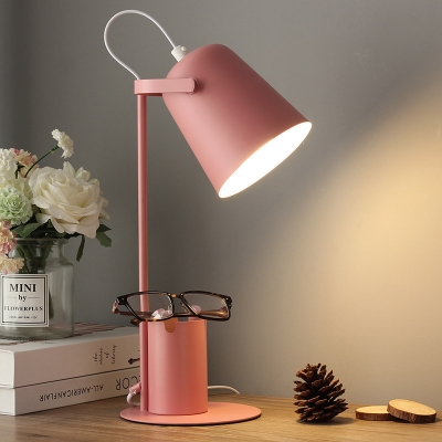 Macaroon Barrel Night Table Light Iron LED Bedroom Reading Lamp with Pen Container in Black/White/Pink