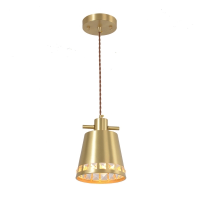 Mid Century 1-Light Hanging Pendant Brass Crystal-Trim Barrel Ceiling Suspension Lamp with Metal Shade