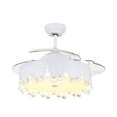 Modern Round Semi Mount Lighting Metallic LED Bedroom Hanging Fan Lamp in White with 3 Blades, 19.5