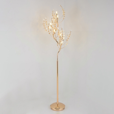 Modernist Branching Floor Light 9-Head Crystal Beading Stand Up Lamp in Gold for Living Room