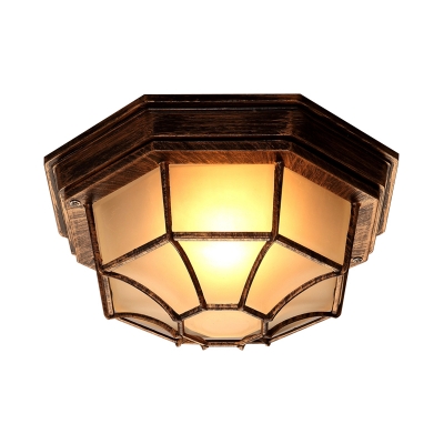 Octagon Frosted Glass Flush Light Retro 1 Bulb Hallway Flush Mount in Bronze with Geometric Cage
