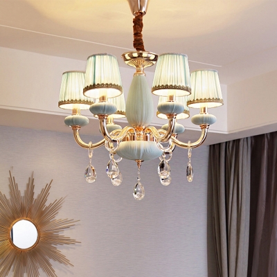 Pleated Shade Bedroom Chandelier Light Retro Fabric 6 Heads Blue Hanging Lamp with Crystal Drop