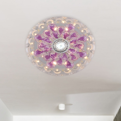 Round Foyer Flush Mount Light Fixture Amber/Purple Crystal LED White Flushmount Ceiling Lamp