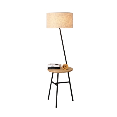 Round Shade Standing Floor Light Modern Fabric Single Flaxen Standing Lamp with Wood Table