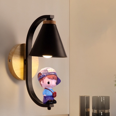 Schoolboy Wall Mount Light Kids Wood 1 Bulb Black/White Sconce Lamp with Cone Shade and Arched/Rind Arm