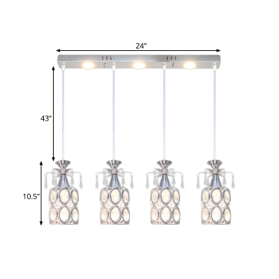 Silver Cylinder Suspension Lamp Modernism 4-Bulb Crystal Multi Pendant Light Fixture for Dining Room
