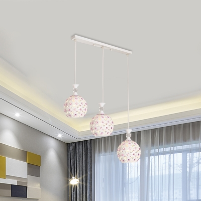 Simple Globe Cluster Pendant Lamp Crystal-Encrusted 3-Bulb Dining Room Ceiling Light in White