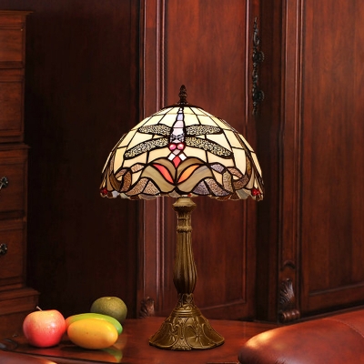 Stained Glass Bronze Night Table Lighting Dome 1-Head Mediterranean Dragonfly Patterned Nightstand Lamp