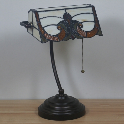 Stained Glass Rollover Shade Desk Light Tiffany Style 1 Head Bronze Pull Chain Table Lighting