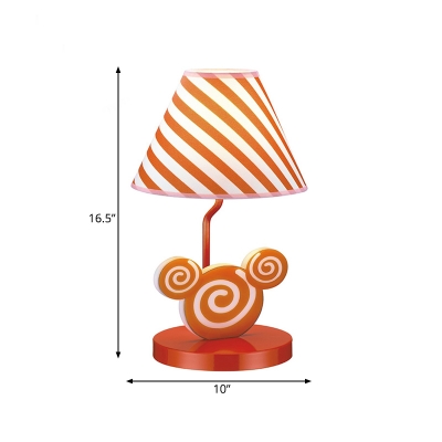 Stripe Fabric Conic Nightstand Light Cartoon Single Table Lamp in Orange with Mouse Head Deco
