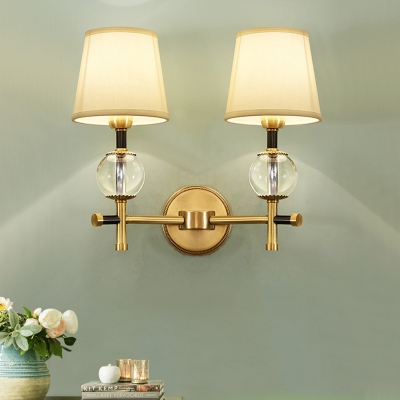 Taper-Shade Living Room Wall Lamp Postmodern Fabric 1/2-Head Brass Sconce Light with Crystal Ball Detail