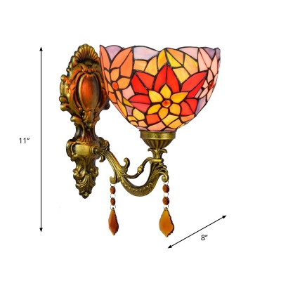 Tiffany Flower Wall Mounted Lamp Single Red/Orange/Purple Handcrafted Art Glass Sconce Lamp in Bronze