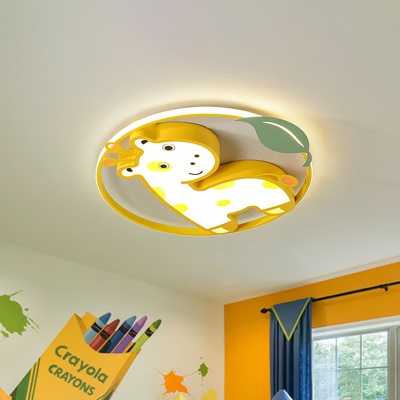 Unicorn/Giraffe Iron LED Flush Light Cartoon Style Pink/Yellow/Blue Ceiling Mounted Lamp for Kindergarten