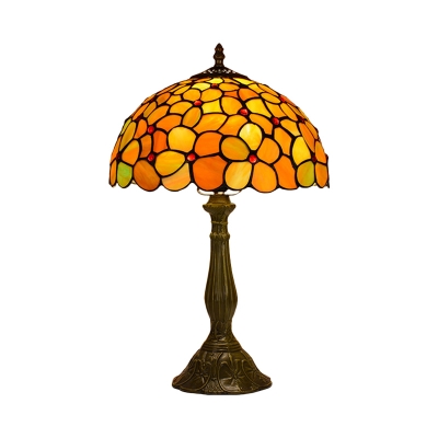 Victorian Blossom Nightstand Lighting 1-Head Hand Cut Glass Night Table Lamp in Bronze with Domed Shade