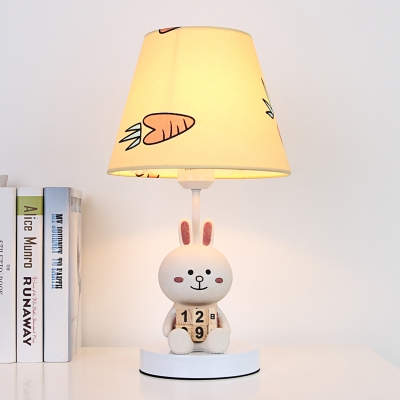 White Bucket Night Table Lamp Kids 1 Bulb Fabric Nightstand Lighting with Bear/Rabbit Base