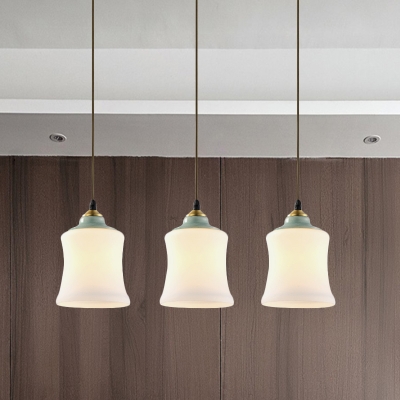 White Glass Dome/Bell Multi-Light Pendant Rural Style 3 Bulb Living Room Down Lighting with Linear Canopy