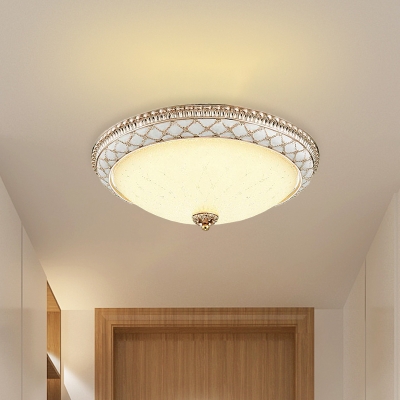 White Glass Domed Ceiling Lighting Antique LED Bedroom Flush Mount Light Fixture with Carved Edge
