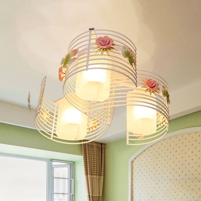 White Glass Spiral Ceiling Flush Pastoral Style 3-Bulb Living Room Semi Flush with Rose