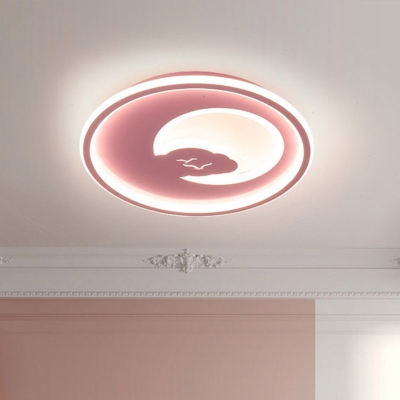 White/Pink Round Ceiling Lamp Kids LED Acrylic Flush Light Fixture with Moon and Bird Pattern