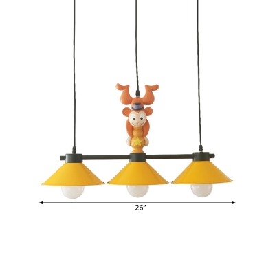 Yellow Wide Flare Island Lighting Cartoon 3 Lights Metallic Drop Pendant Lamp with Monkey Decor