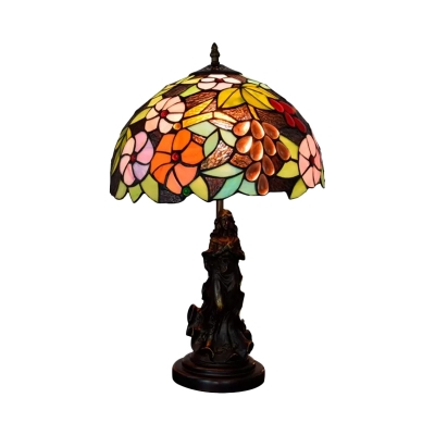 1-Bulb Bedroom Nymph Table Light Baroque Brown/Green/White and Brown Grape Patterned Desk Lamp with Domed Hand Cut Glass Shade
