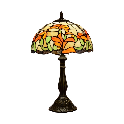 1-Bulb Bowl Shape Reading Lamp Mediterranean Bronze Cut Glass Night Light with Flower Pattern