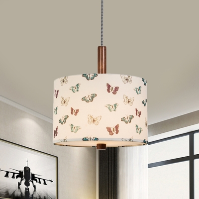 1 Bulb Fabric Hanging Pendant Country Style White Cylinder Bedroom Pendulum Light with Butterfly Pattern