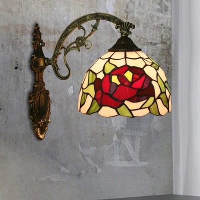 1-Head Bowl Shade Wall Mounted Light Tiffany Red/Orange/Green Handcrafted Glass Sconce with Sunflower/Rose/Morning Glory Pattern