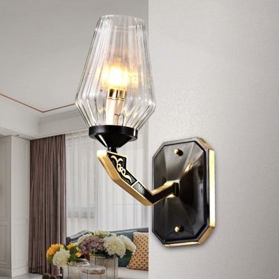 1 Head Clear Ribbed Glass Wall Light Sconce Country Style Black Conical Bedroom Wall Mounted Lamp with Angled Arm