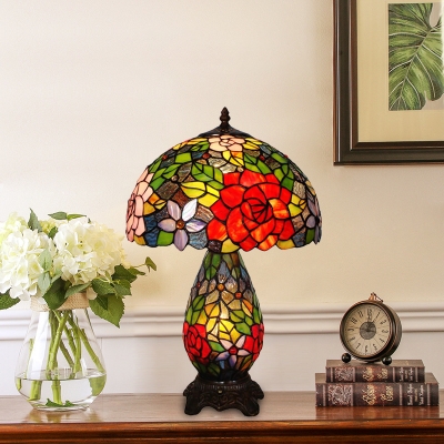 1 Light Bowl Table Lamp Tiffany Style Bronze Stained Glass Flower Patterned Night Light