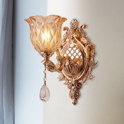 1-Light Wall Mount Lamp with Flower Shade Umber Crystal Glass Traditional Living Room Wall Lighting in Gold