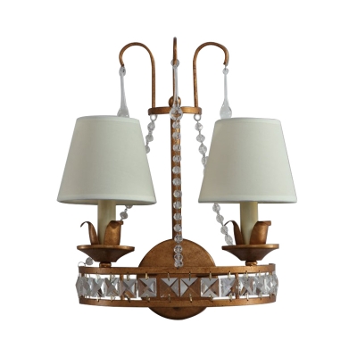 2-Bulb Wall Light Fixture Rural Conical Fabric Sconce Lamp in Rust with Crystal Ornament