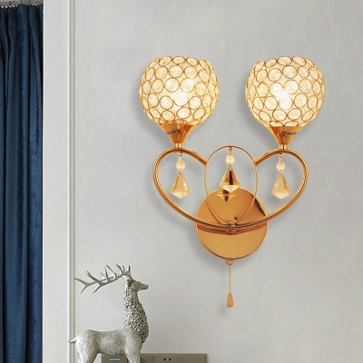 2 Bulbs Crystal Wall Lamp Simple Gold Spherical Living Room Sconce with Pull Chain