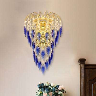 2-Head Tan/Blue Crystal Foliage Wall Lamp Mid Century Gold Layers Wall Mounted Lighting Fixture