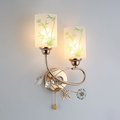 2 Lights Frosted Glass Sconce Modern Gold Cylinder Bedroom Wall Light with Bamboo Pattern and Pull Chain