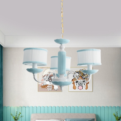 3/6 Heads Bedroom Hanging Lamp Macaron Pink/Blue Finish Ceiling Chandelier with Drum Fabric Shade